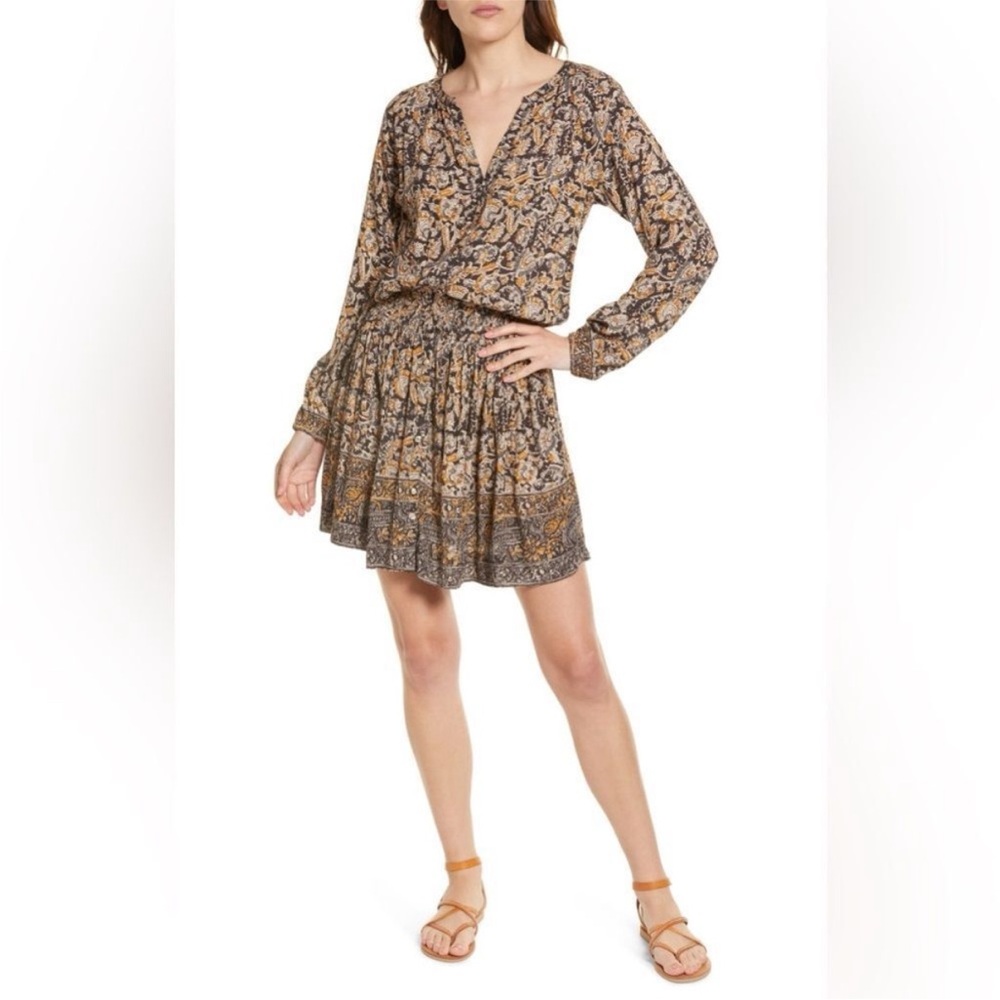 FAHERTY Montara Shirred Dress Long Sleeve Black Mustard Floral Size L
